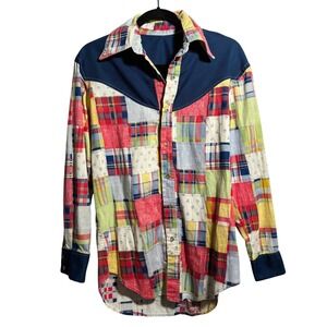 VTG Handmade Patchwork Western‎ Top Long Sleeve Plaid Pearl Snap Sz L 70s SEE